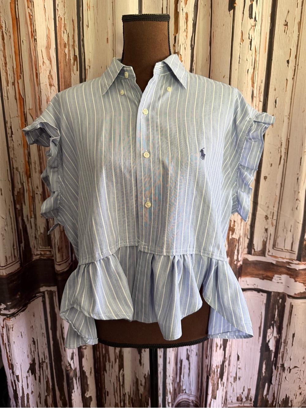 Reworked upcycled Ralph Lauren large Striped Ruffle button down shirt - Picture 1 of 13